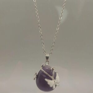 Butterfly Pendant Necklace with Amethyst Teardrop